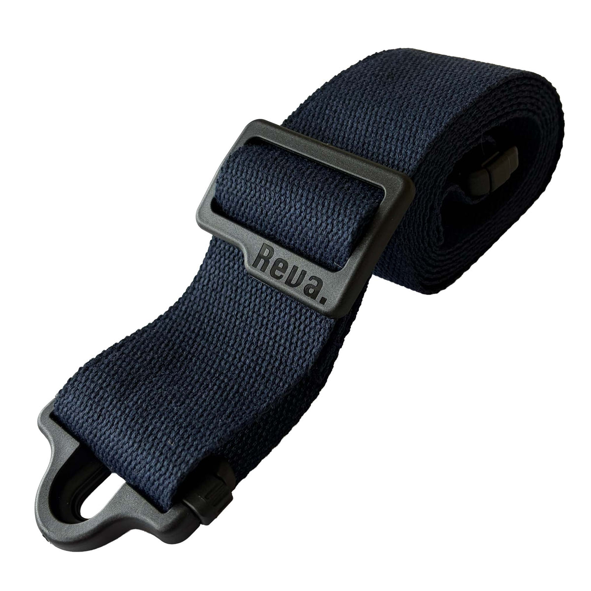 A navy cotton Reva R1 Locking Guitar/Bass Strap, with an integrated strap lock system and length adjustment buckle.