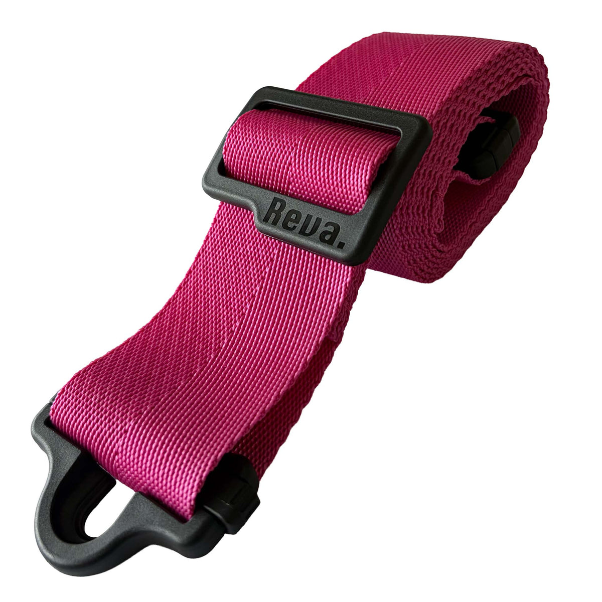 A pink polypropylene Reva R1 Locking Guitar/Bass Strap, with an integrated strap lock system and length adjustment buckle.