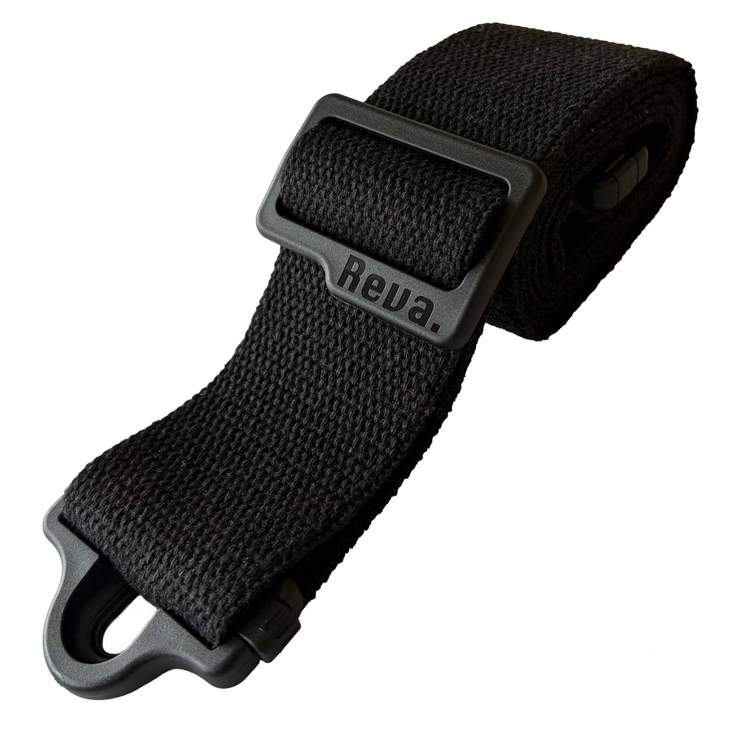 A black cotton Reva R1 Locking Guitar/Bass Strap, with an integrated strap lock system and length adjustment buckle.