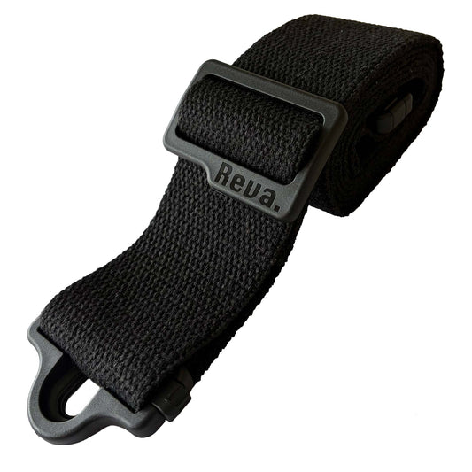 A black cotton Reva R1 Locking Guitar/Bass Strap, with an integrated strap lock system and length adjustment buckle.