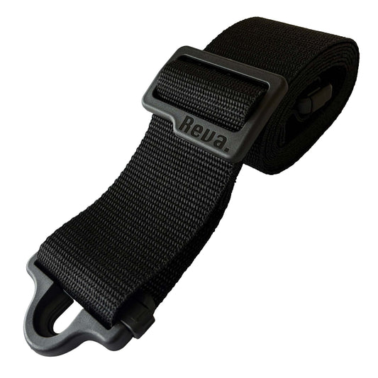 A black polypropylene Reva R1 Locking Guitar/Bass Strap, with an integrated strap lock system and length adjustment buckle.