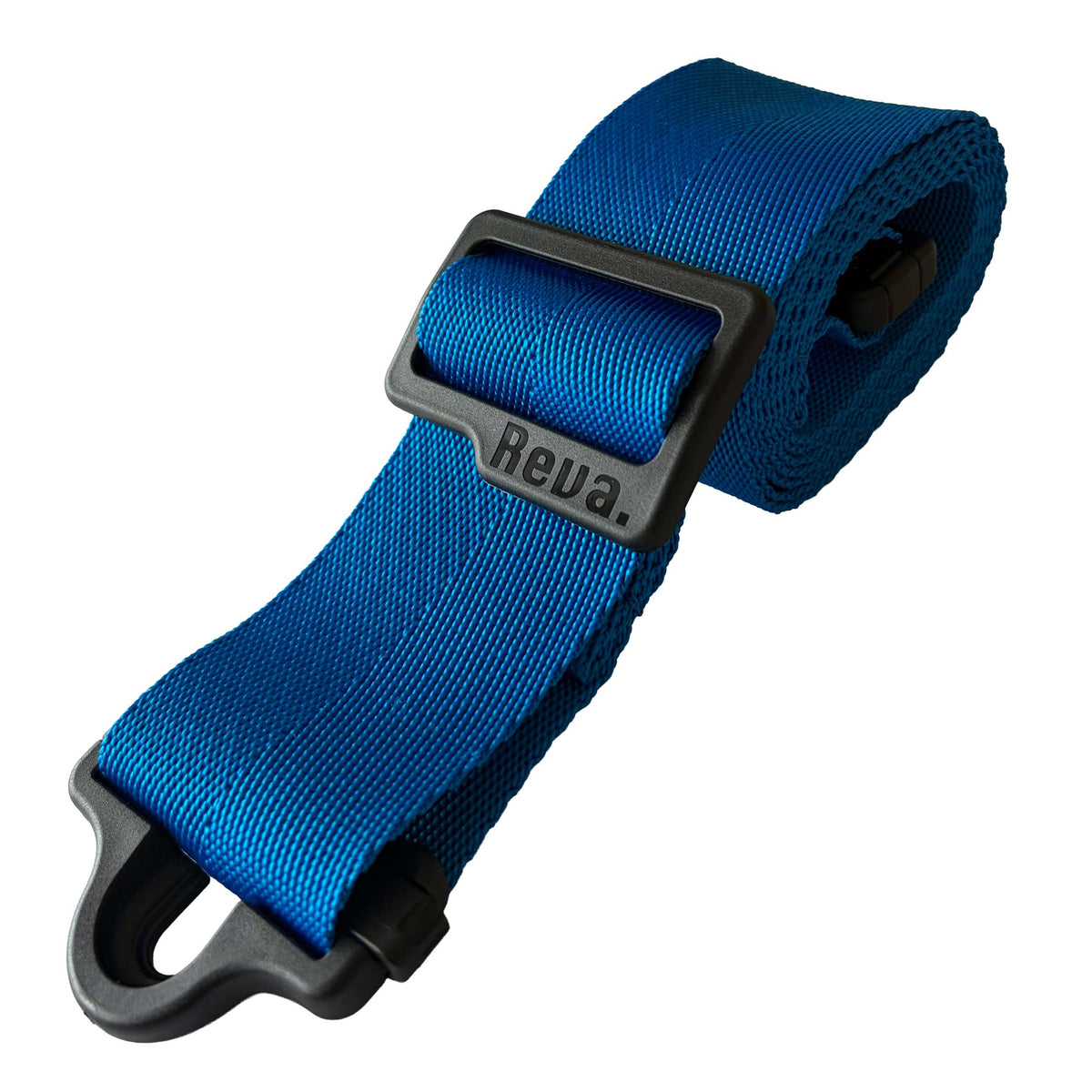 A blue polypropylene Reva R1 Locking Guitar/Bass Strap, with an integrated strap lock system and length adjustment buckle.