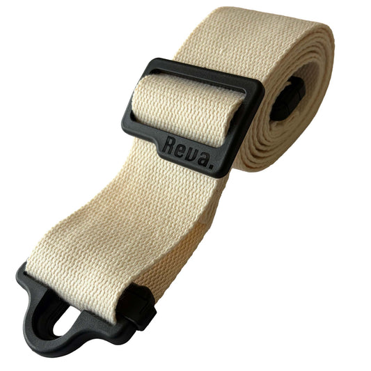 A cream cotton Reva R1 Locking Guitar/Bass Strap, with an integrated strap lock system and length adjustment buckle.