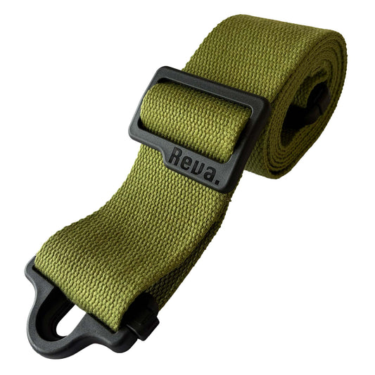 An olive green cotton Reva R1 Locking Guitar/Bass Strap, with an integrated strap lock system and length adjustment buckle.