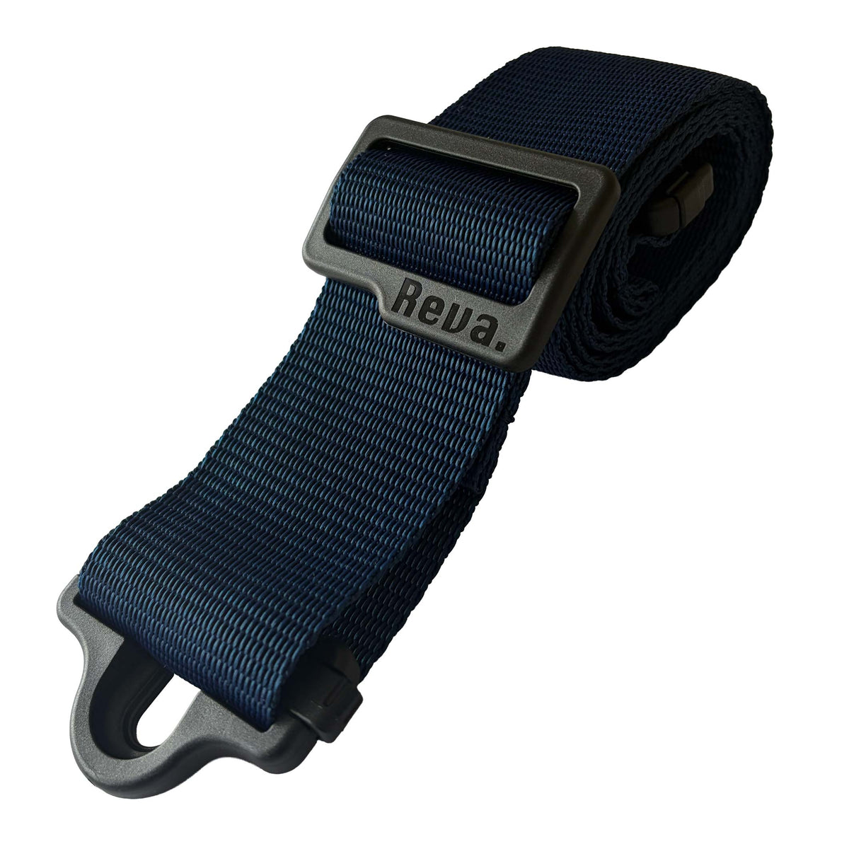 A navy polypropylene Reva R1 Locking Guitar/Bass Strap, with an integrated strap lock system and length adjustment buckle.