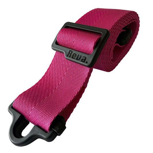 A pink polypropylene Reva R1 Locking Guitar/Bass Strap, with an integrated strap lock system and length adjustment buckle.