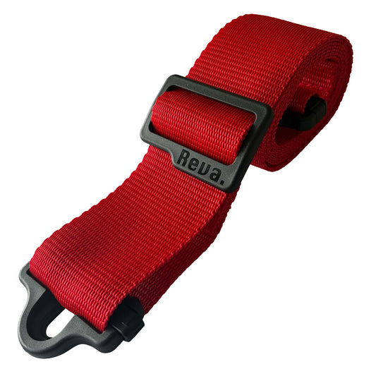 A red polypropylene Reva R1 Locking Guitar/Bass Strap, with an integrated strap lock system and length adjustment buckle.