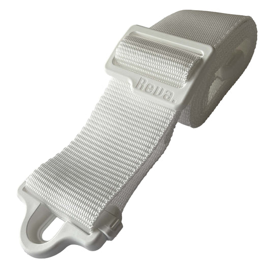A white polypropylene Reva R1 Locking Guitar/Bass Strap, with an integrated strap lock system and length adjustment buckle.